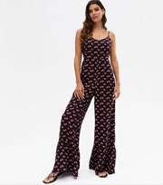 New Look Black Floral Strappy Wide Leg Jumpsuit